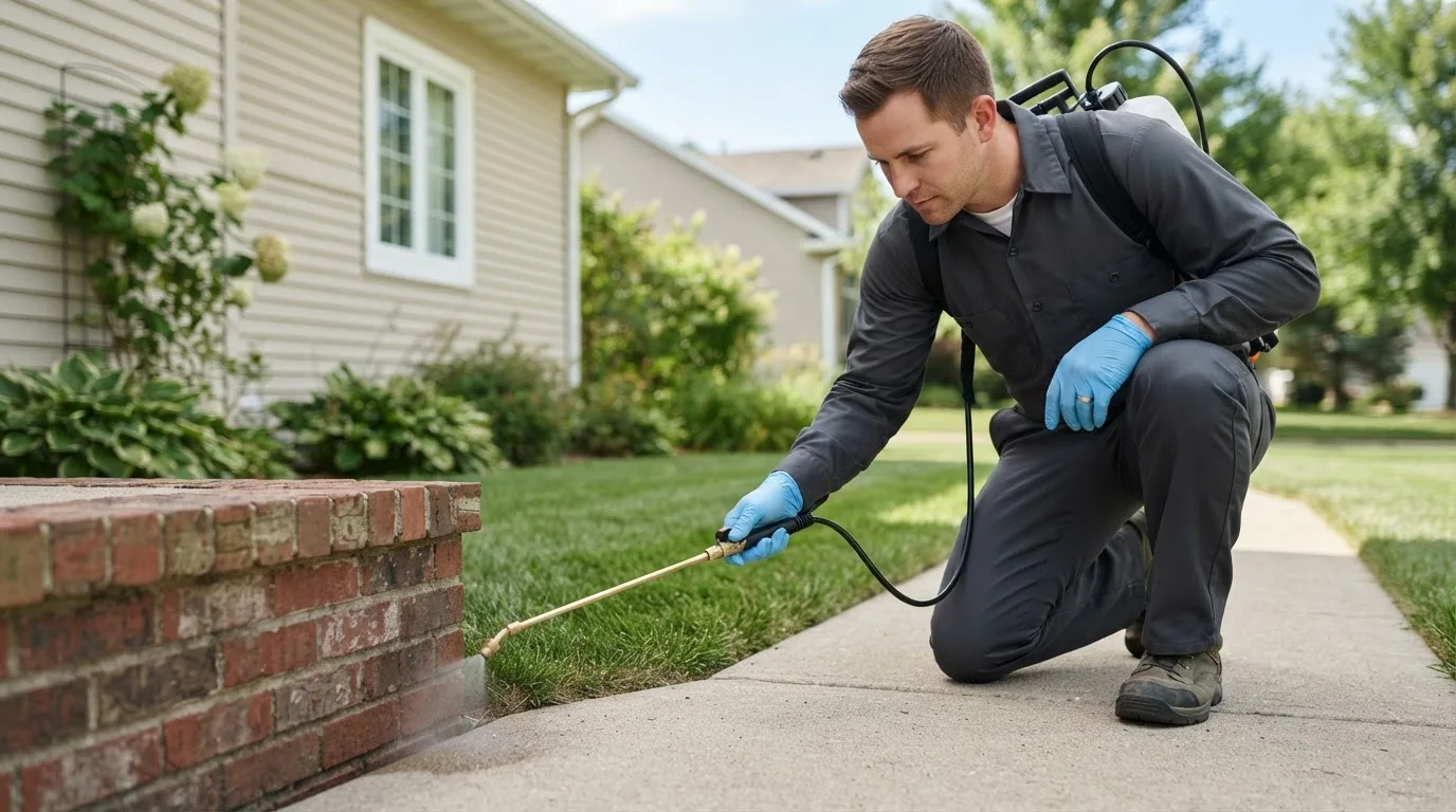 Pest control technician treating a home near Alma Center, WI