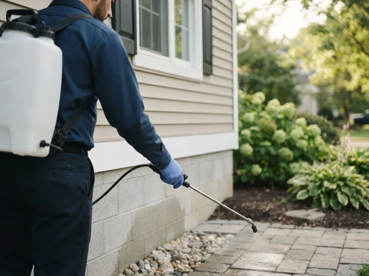 Pest control technician inspecting a home in Alma Center, WI
